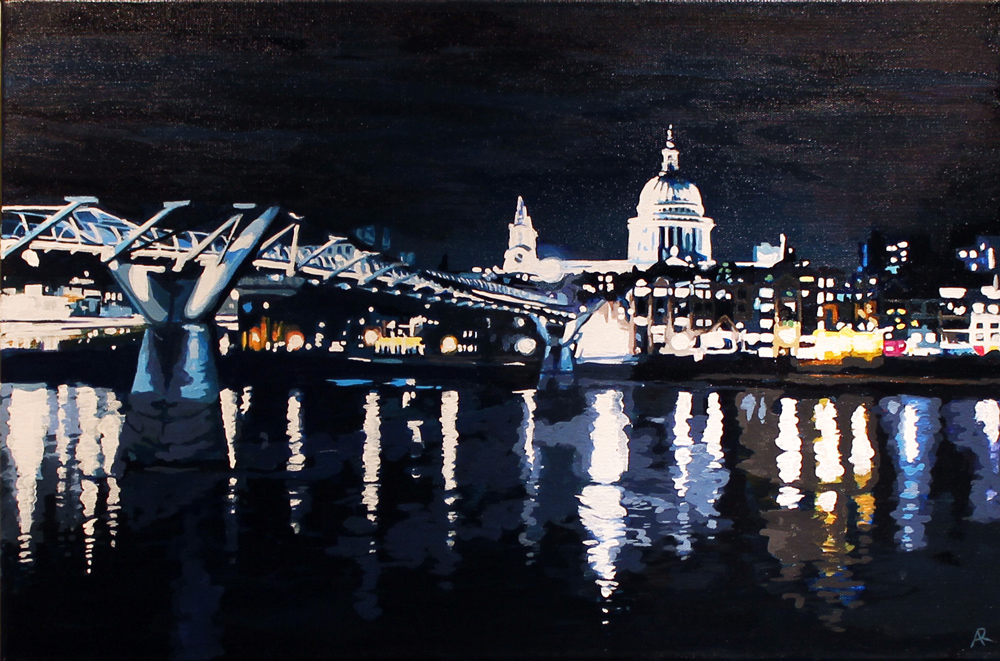 Annie Ralli, Original acrylic painting on canvas, Millenium Bridge and St. Paul's . Click to enlarge