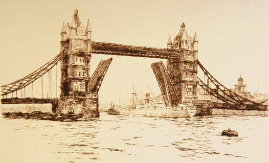 Engraving, Hand coloured restrike engraving, London View, Tower Bridge