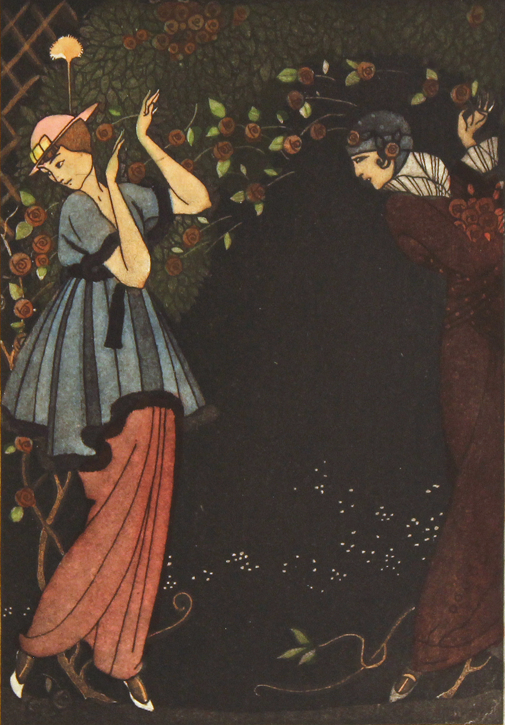 Engraving, Hand coloured restrike engraving, Gossip 4x6ins, Art Ref