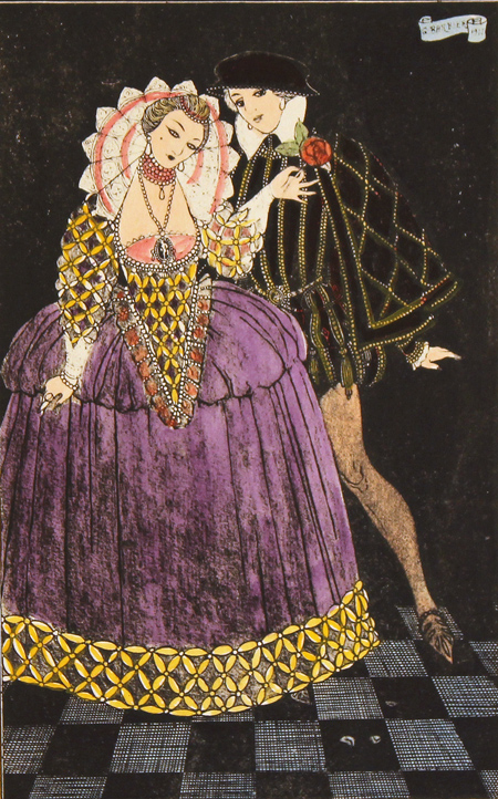 Engraving, Hand coloured restrike engraving, Elizabethan Couple, click to enlarge