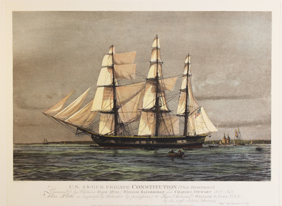 Engraving, Hand coloured restrike engraving, The Constitution (Old Ironsides) Without frame image. Click to enlarge