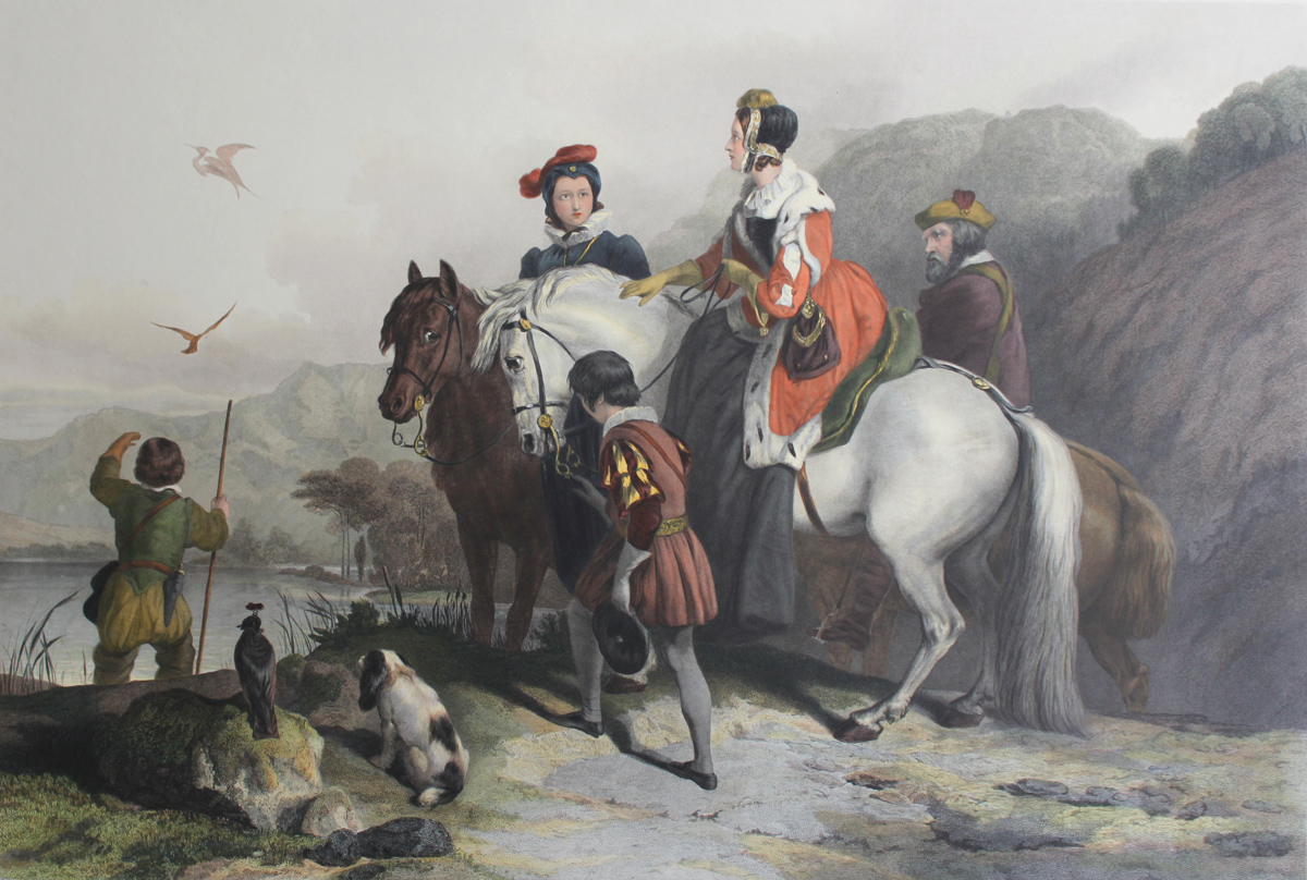 Engraving, Hand coloured restrike engraving, The Hawking Party 27x37ins