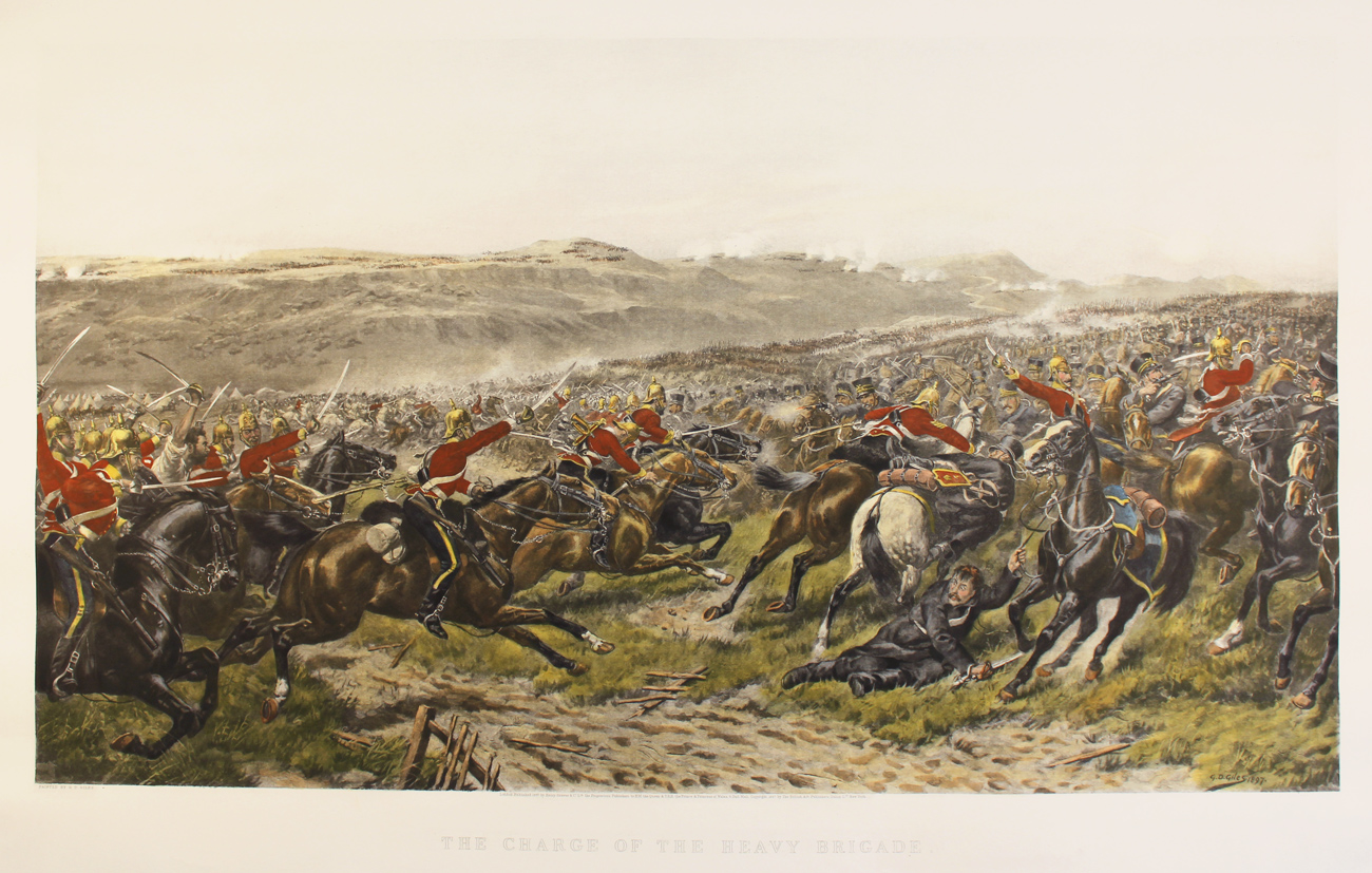 Engraving, Hand coloured restrike engraving, Charge of the Heavy Brigade. Click to enlarge