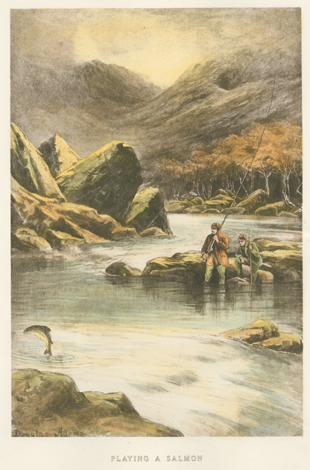 Engraving, Hand coloured restrike engraving, Playing a Salmon