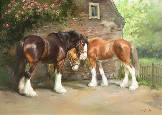 Jacqueline Stanhope, Original oil painting on canvas, Shire Horses in Spring