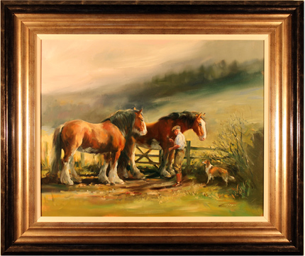 Jacqueline Stanhope, Original oil painting on canvas, Clydesdales and Rough Collie, click to enlarge