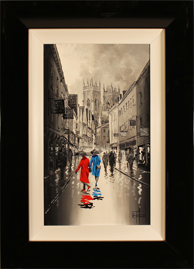 Richard Telford, Original oil painting on panel, Red and Blue Dresses on Petergate, York, click to enlarge