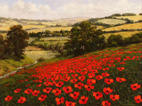 Steve Thoms, Original oil painting on panel, Poppy Fields, North Yorkshire