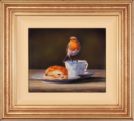 Wayne Westwood, Original oil painting on panel, Robin on a Teacup, click to enlarge