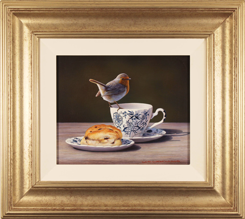 Wayne Westwood, Original oil painting on panel, Robin on a Teacup, click to enlarge