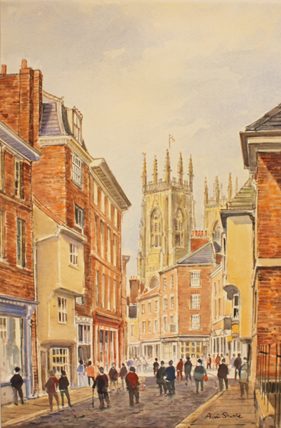 Alan Stuttle, Watercolour, York Minster, from Petergate