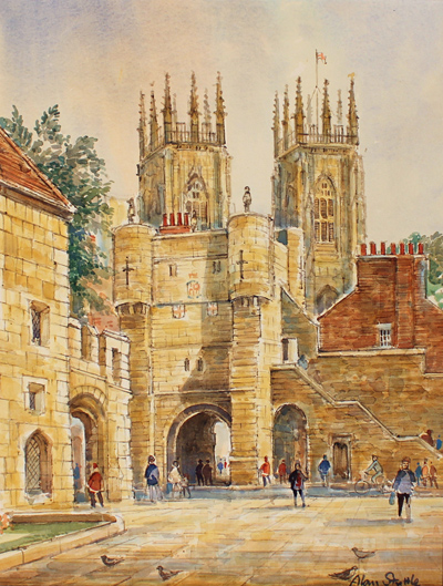 Alan Stuttle, Watercolour, York Minster from Bootham Bar