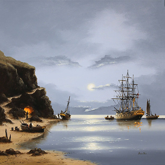Alex Hill, Original oil painting on panel, Moonlight Cove Without frame image. Click to enlarge