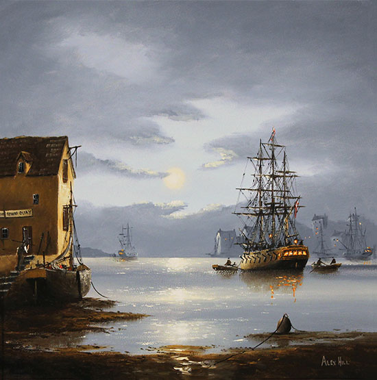 Alex Hill, Original oil painting on panel, Moonlight Mooring Without frame image. Click to enlarge