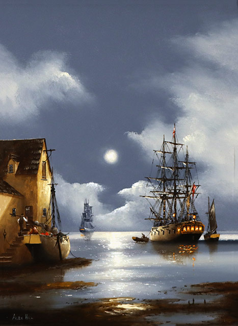 Alex Hill, Original oil painting on panel, Moonlight Harbour Without frame image. Click to enlarge