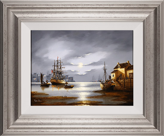 Alex Hill, Original oil painting on panel, Moonlight Over Whitby Harbour, click to enlarge