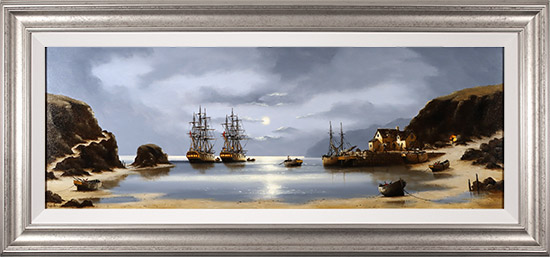 Alex Hill, Original oil painting on panel, Twin Galleons at Moonlight Bay, click to enlarge