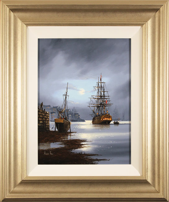 Alex Hill, Original oil painting on canvas, Moonlight Docks 