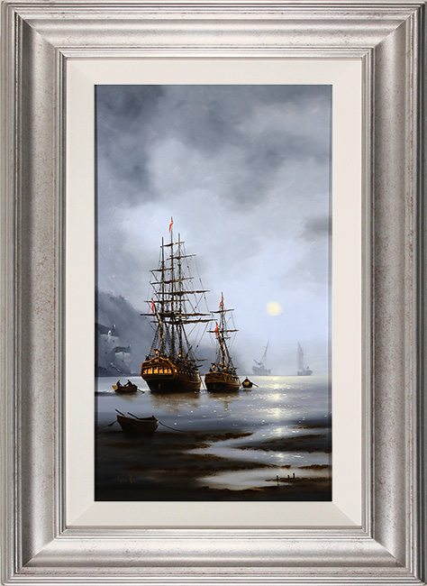 Alex Hill, Original oil painting on panel, Moonlight Mooring 