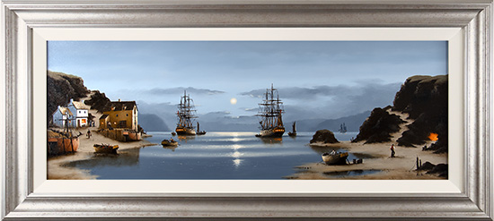 Alex Hill, Original oil painting on panel, Moonlit Galleons at Smuggler's Cove