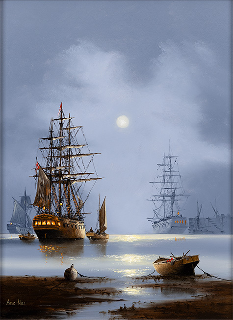 Alex Hill, Original oil painting on panel, Moonlit Dock