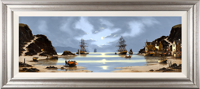 Alex Hill, Original oil painting on panel, Moonlight Over Smuggler's Cove