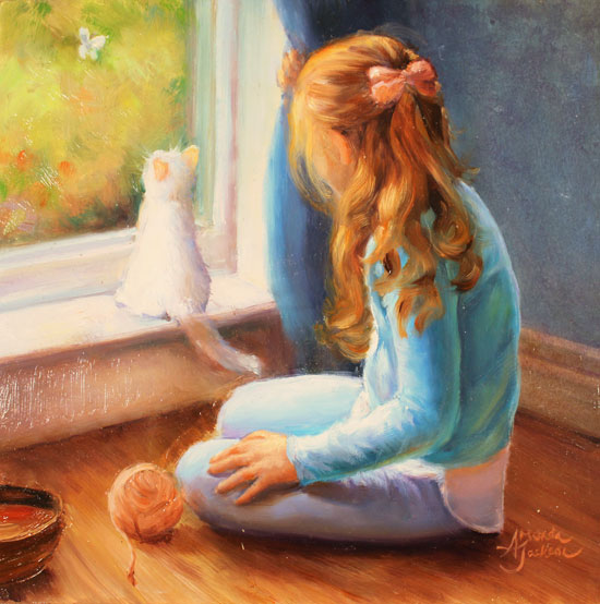 Amanda Jackson, Original oil painting on panel, Wings, Whiskers and Curls