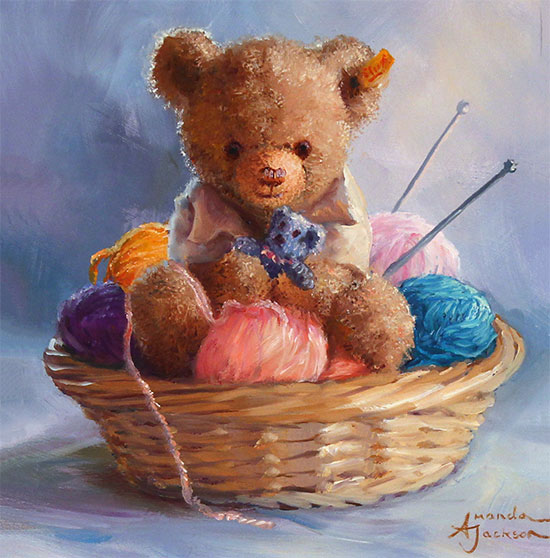 Amanda Jackson, Original oil painting on panel, The Knitting Basket Without frame image. Click to enlarge