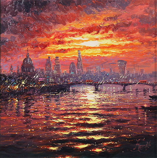 Andrew Grant Kurtis, Original oil painting on canvas, Thames Sparkle at Sunset  Without frame image. Click to enlarge