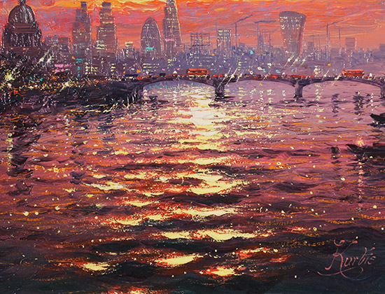 Andrew Grant Kurtis, Original oil painting on canvas, Thames Sparkle at Sunset  Signature image. Click to enlarge