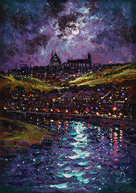 Andrew Grant Kurtis, Original acrylic painting on canvas, Moonlight Sparkle, Whitby Abbey
