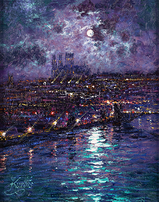 Andrew Grant Kurtis, Original oil painting on panel, Nocturne Reflections, York Minster