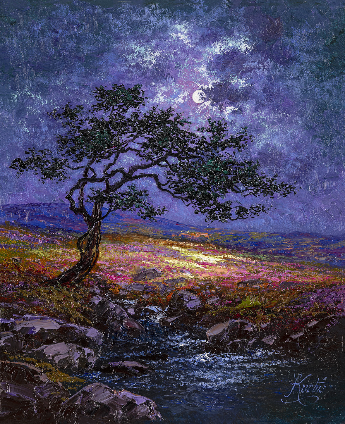 Andrew Grant Kurtis, Original oil painting on canvas, Hills of Heather in Swaledale by Moonlight , click to enlarge
