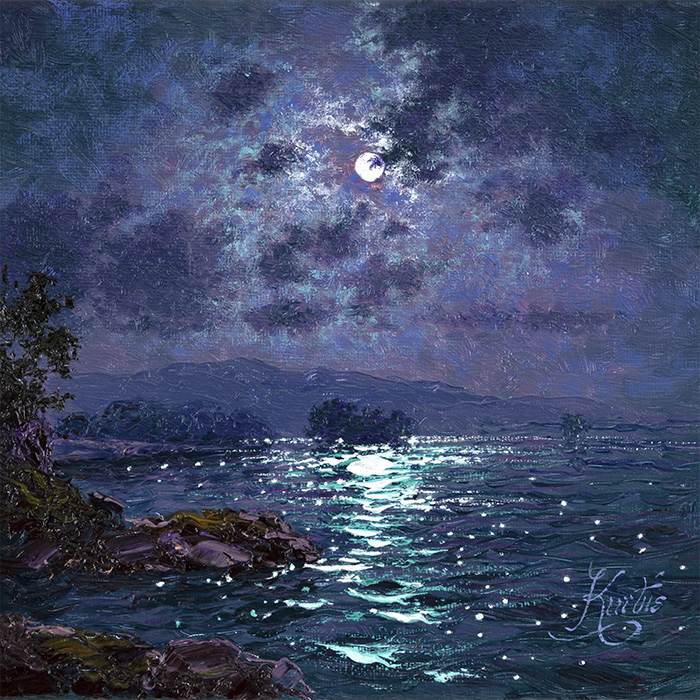 Andrew Grant Kurtis, Original oil painting on canvas, Moonlight Sparkle, Derwentwater, click to enlarge