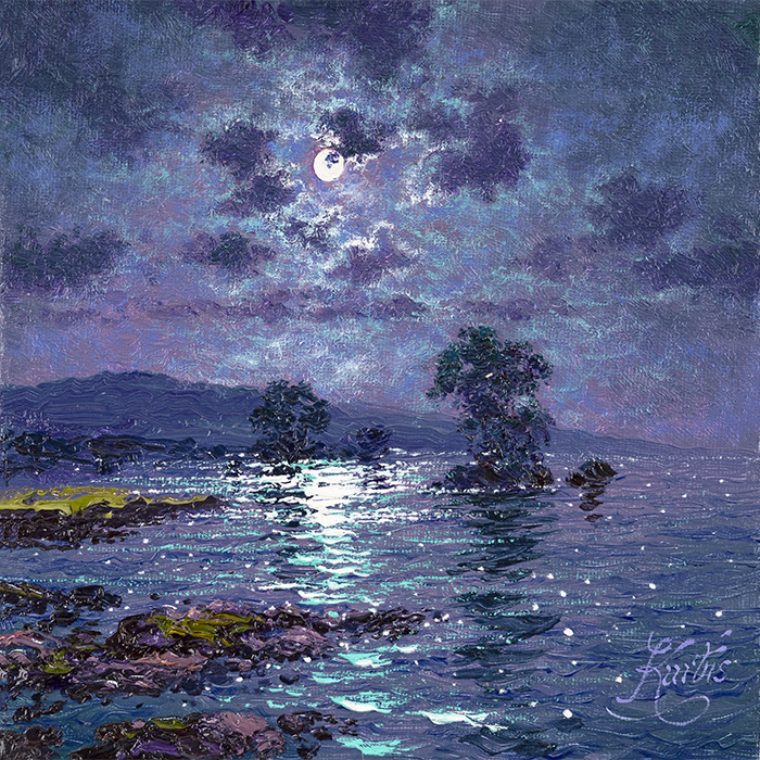 Andrew Grant Kurtis, Original oil painting on canvas, Moonlight Reflections, Derwentwater, click to enlarge