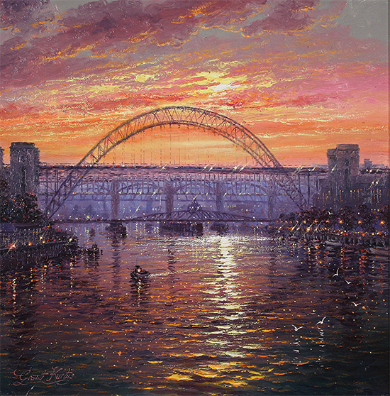 Andrew Grant Kurtis, Original oil painting on panel, Sunshine Sparkle Across Tyne Crossings Without frame image. Click to enlarge