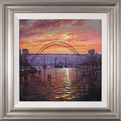 Andrew Grant Kurtis, Original oil painting on panel, Sunshine Sparkle Across Tyne Crossings Large image. Click to enlarge