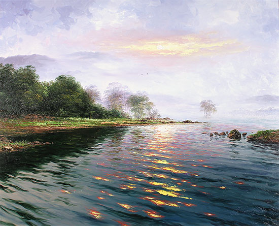 Andrew Grant Kurtis, Original oil painting on canvas, Morning Mist Across Derwentwater Without frame image. Click to enlarge