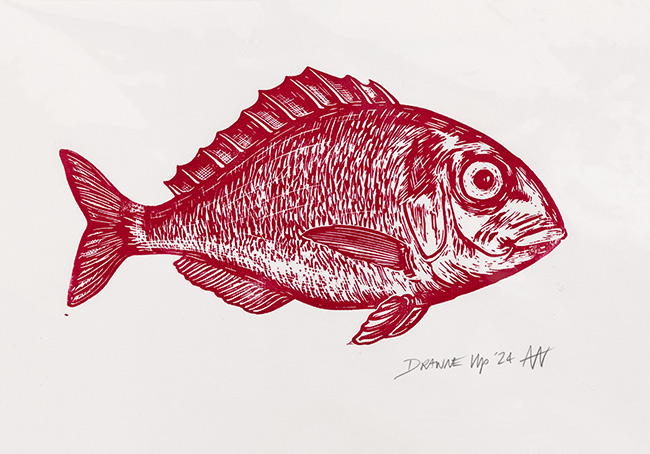 Andy Winn, Original linocut print, Fish
