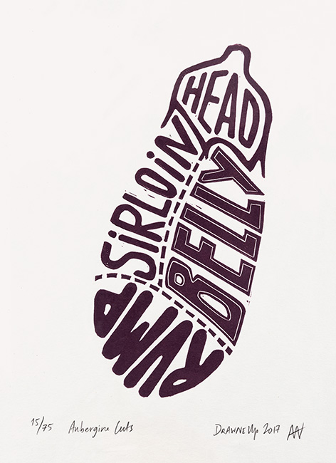 Andy Winn, Original linocut print, Aubergine Cuts