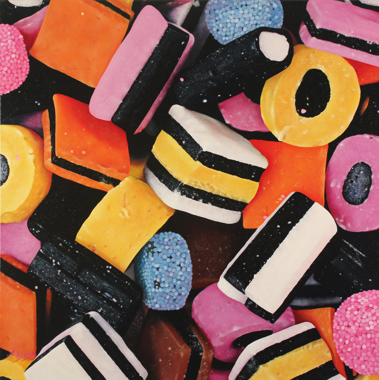 Angela Lyons, Original oil painting on canvas, Liquorice Allsorts. Click to enlarge