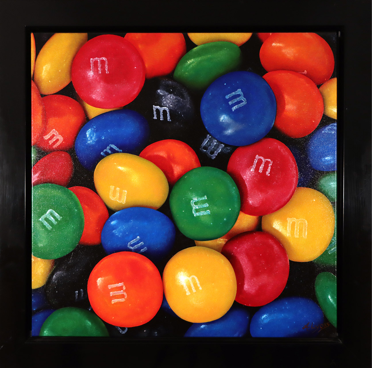 Angela Lyons, Original oil painting on canvas, M&Ms. Click to enlarge
