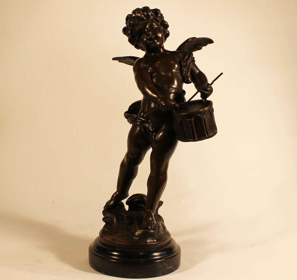 Bronze Statue, Bronze, Cherub with Drum, with marble base 4x12ins, Art
