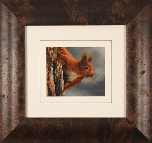 Carl Whitfield, Original oil painting on panel, Red Squirrel in Winter, click to enlarge