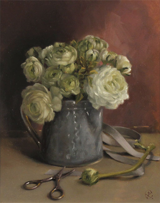 Caroline Richardson, Original oil painting on panel, Ranunculus Bouquet