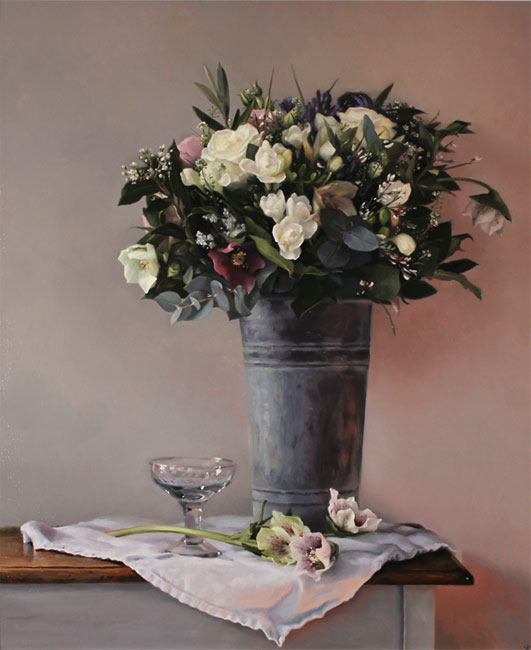 Caroline Richardson, Original oil painting on panel, Bouquet in Zinc Bucket Without frame image. Click to enlarge