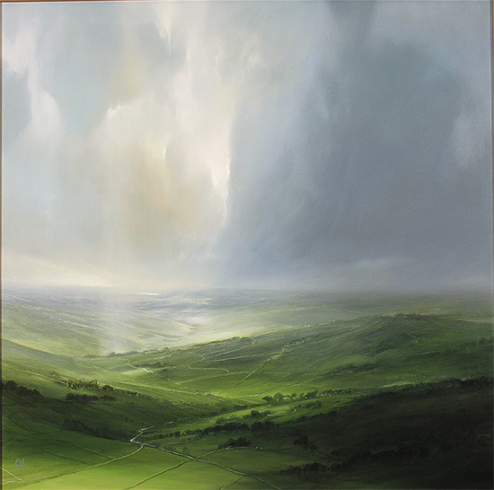 Clare Haley, Original oil painting on panel, Green Valley Fields Without frame image. Click to enlarge