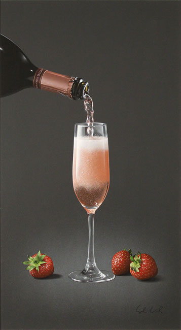 Colin Wilson, Original acrylic painting on board, Sparkling Rosé and Strawberries Without frame image. Click to enlarge