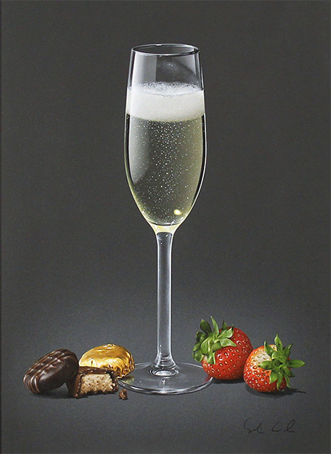 Colin Wilson, Original acrylic painting on board, Champagne and Strawberries  Without frame image. Click to enlarge