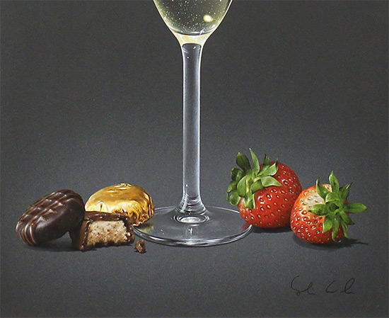 Colin Wilson, Original acrylic painting on board, Champagne and Strawberries  Signature image. Click to enlarge